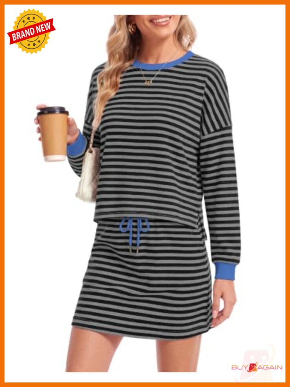 Women's Striped Long Sleeve Top and Skort Set with Built-In Shorts